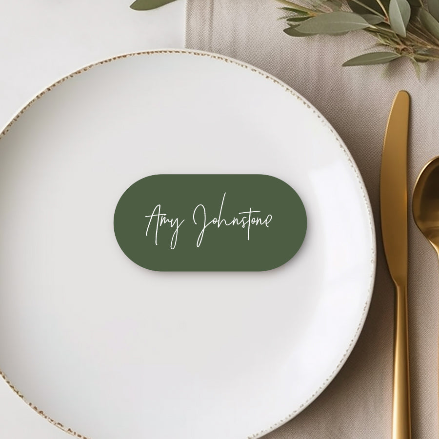 Double arch wedding place cards or name cards in green and white with minimal font style. Peach Perfect Australia.