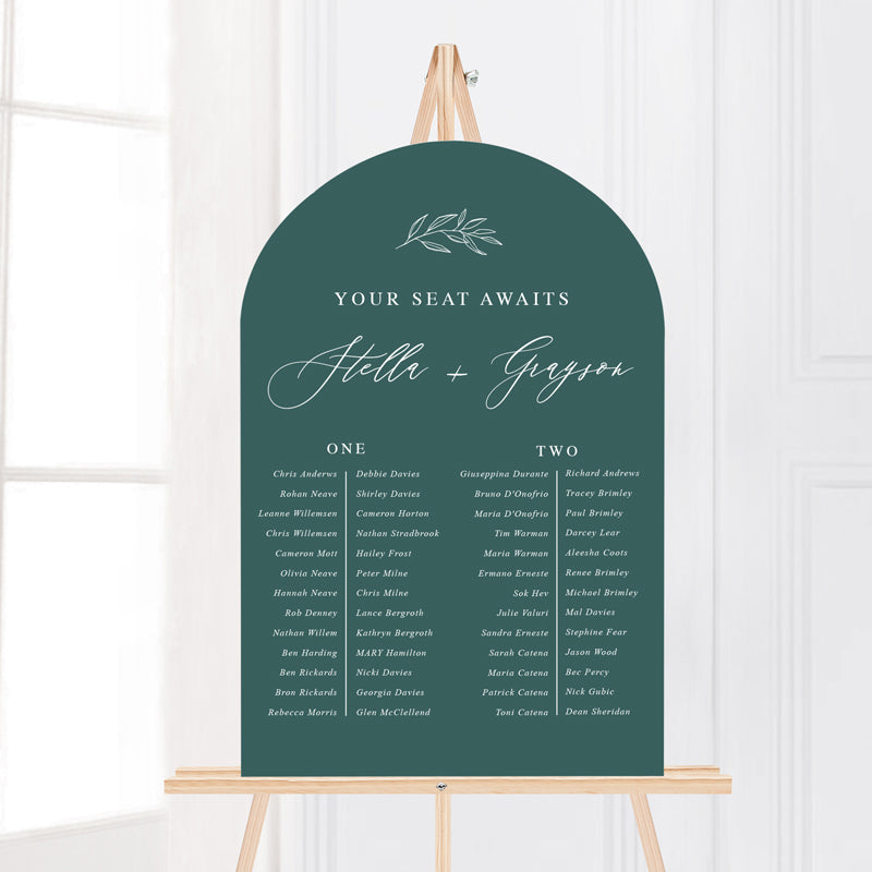 Arch wedding seating chart in green and white with hand drawn leaf element and callilgraphy. Peach Perfect Australia.