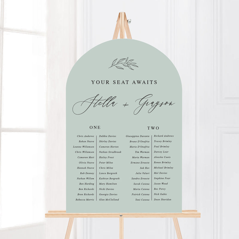 Arch wedding seating chart in green and white with hand drawn leaf element and callilgraphy. Peach Perfect Australia.