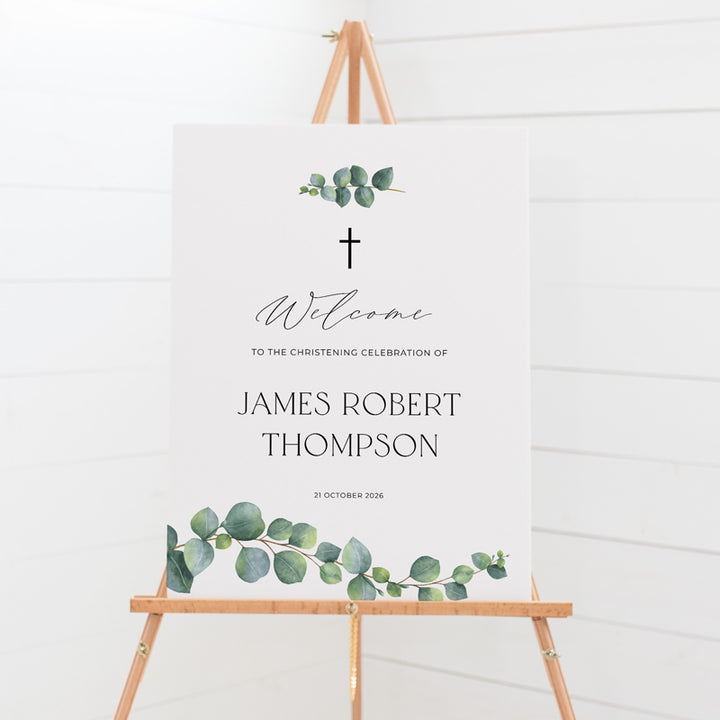 Minimal Baptism or Christening welcome sign with calligraphy and watercolour eucalyptus leaves, designed in Australia and printed onto foamboard or acrylic. 