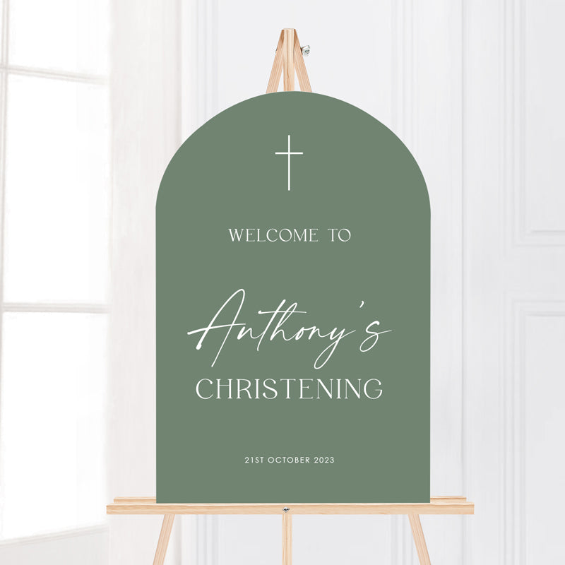 Boy Baptism or Christening arch shape welcome signboard in seedling green with white text. Modern style by Peach Perfect Australia.