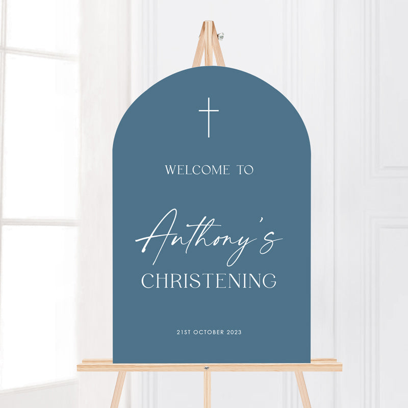 Boy Baptism or Christening arch shape welcome signboard in blue with white text. Modern style by Peach Perfect Australia.