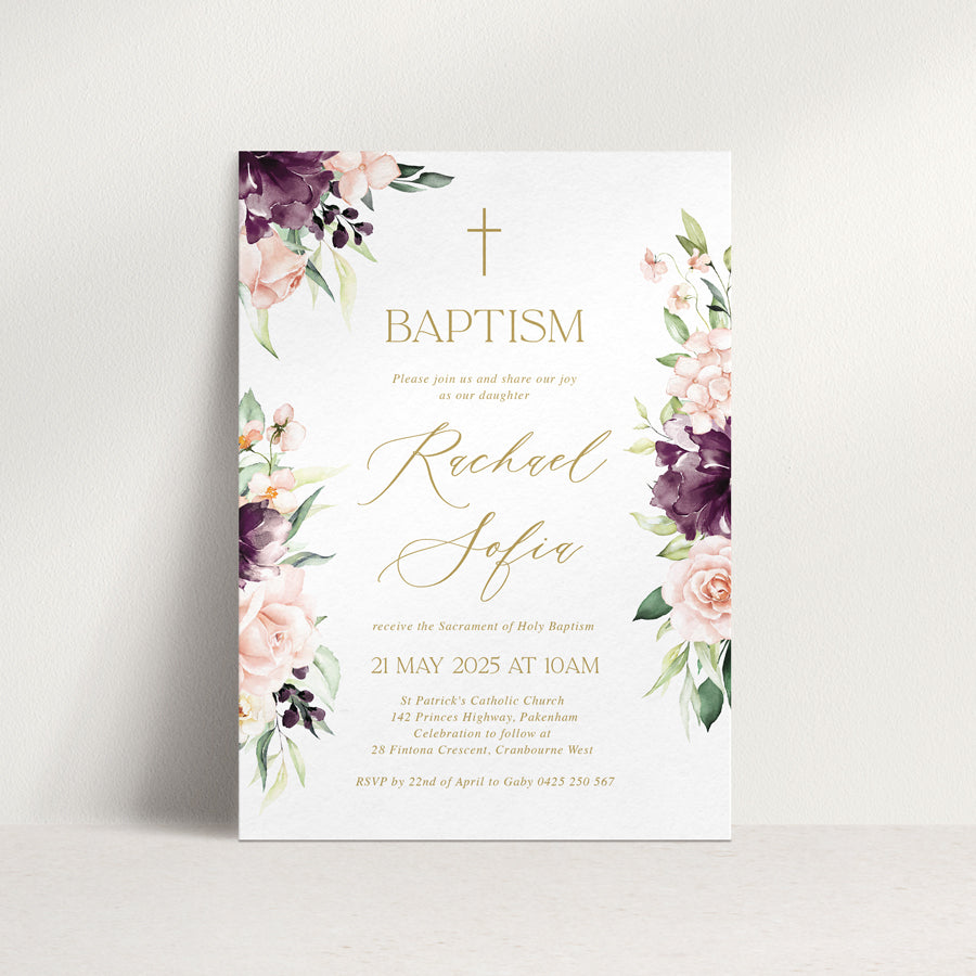 Floral girl baptism or christening invitation with pink and purple flowers and greenery, and catholic cross. Printed in Australia or DIY Baptism invitation.