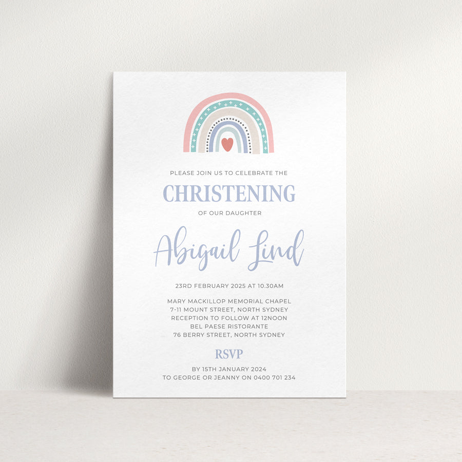 Little girl Baptism or Christening invitation with boho hand drawn rainbow and mauve script font, designed in Australia