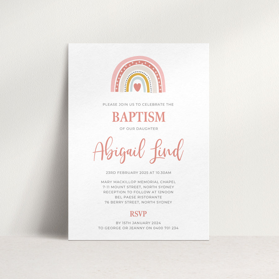 Little girl Baptism or Christening invitation with boho hand drawn rainbow and pink script font, designed in Australia