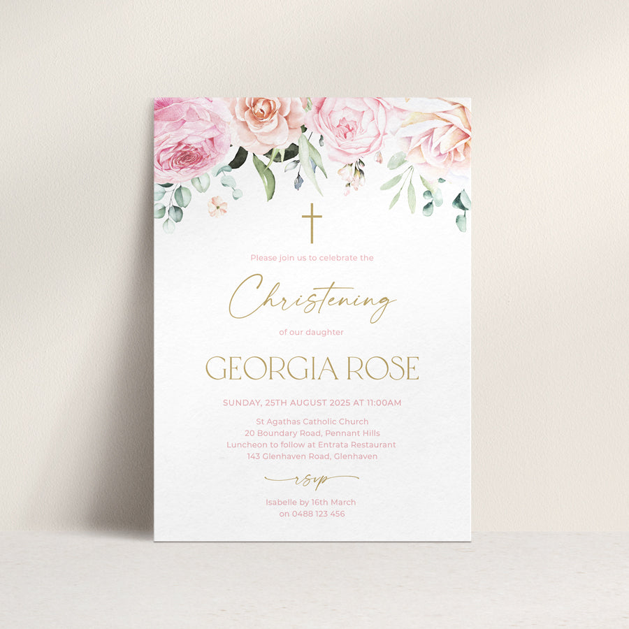 Baptism or Christening invitation for girl with blush pink and soft apricot watercolour flowers and cross. Peach Perfect Australia.