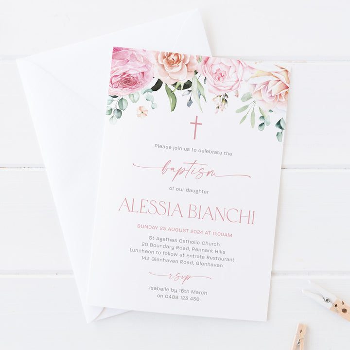 Baptism or Christening invitation for girl with blush pink and soft apricot watercolour flowers and cross. Peach Perfect Australia.