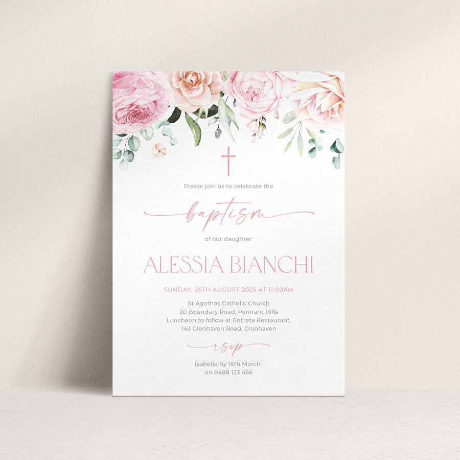 Baptism or Christening invitation for girl with blush pink and soft apricot watercolour flowers and cross. Peach Perfect Australia.