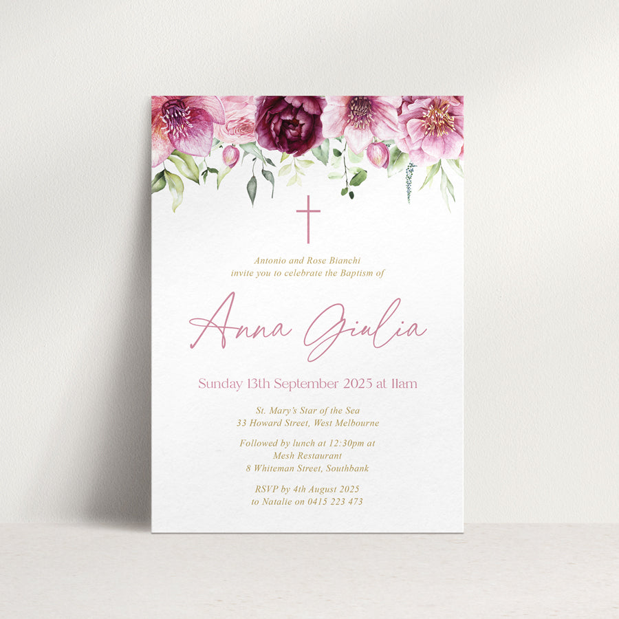 Beautiful pink Baptism or Christening invitation printed in Austrlia on premium card. Includes Envelopes. Peach Perfect stationery.