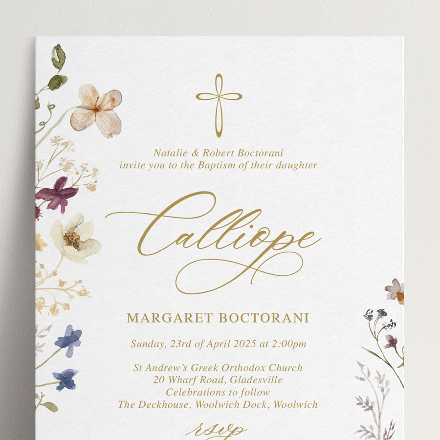 Baptism invitation for girl with pink wildflower watercolour floral border and gold or pink text and cross. Peach Perfect Australia.