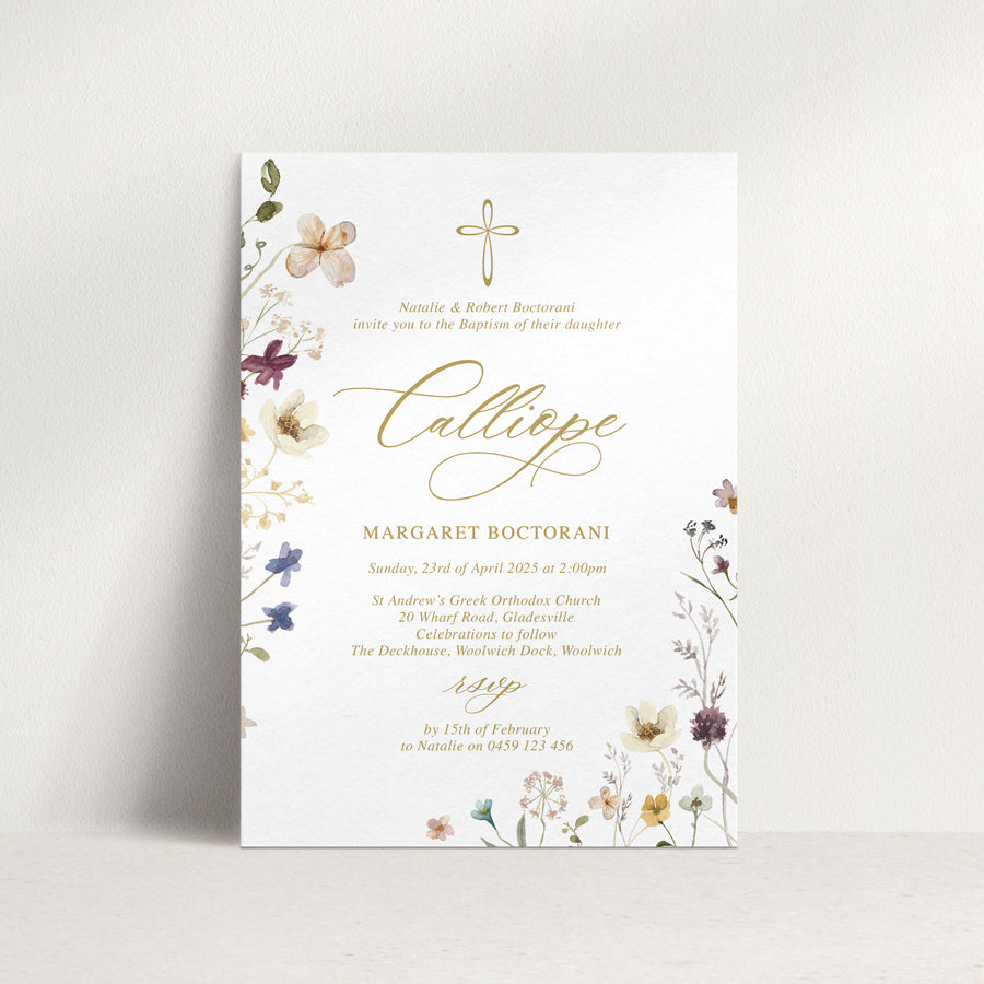 Baptism invitation for girl with pink wildflower watercolour floral border and gold or pink text and cross. Peach Perfect Australia.