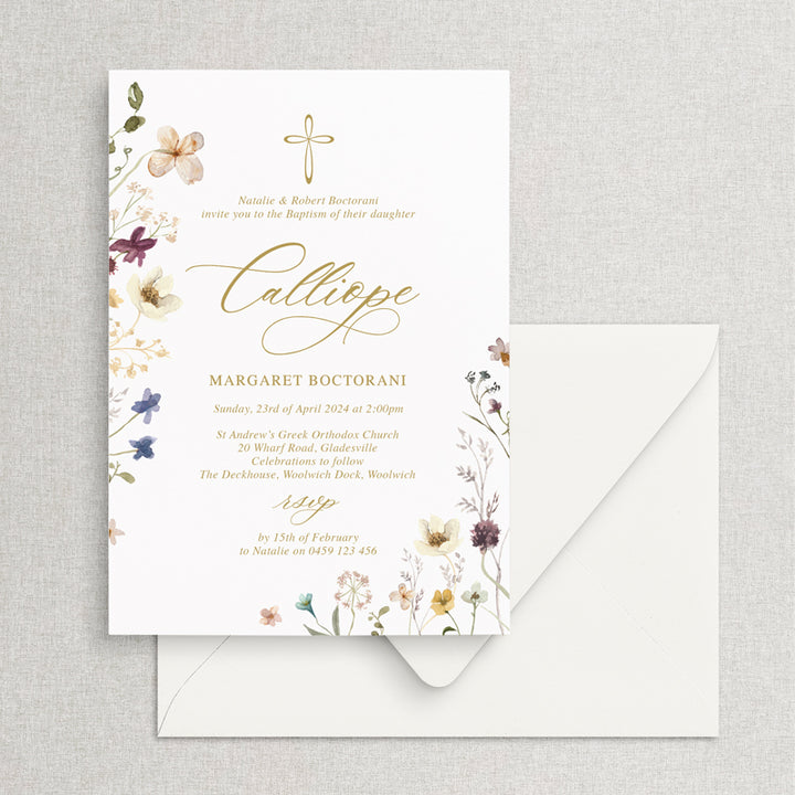 Baptism invitation for girl with pink wildflower watercolour floral border and gold or pink text and cross. Peach Perfect Australia.