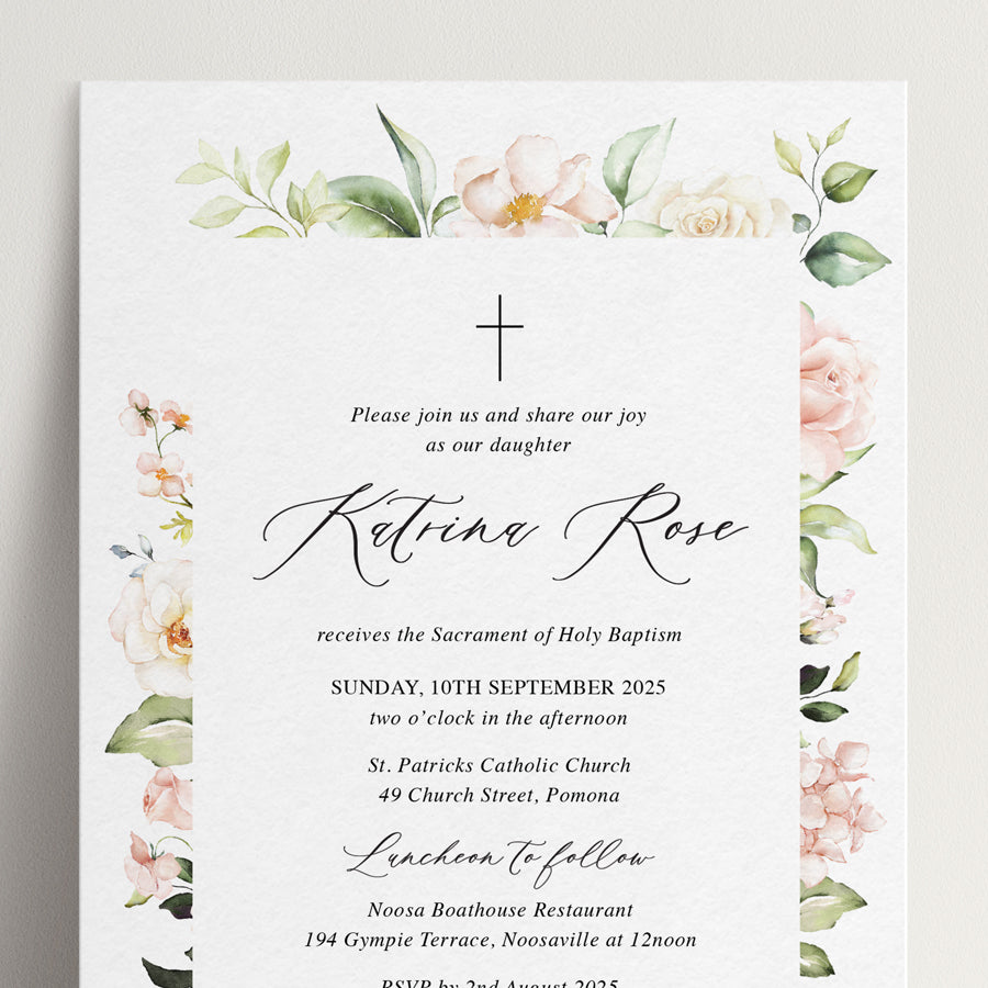 Personalised pink floral little girl Baptism Invitation. Designed and printed in Australia.
