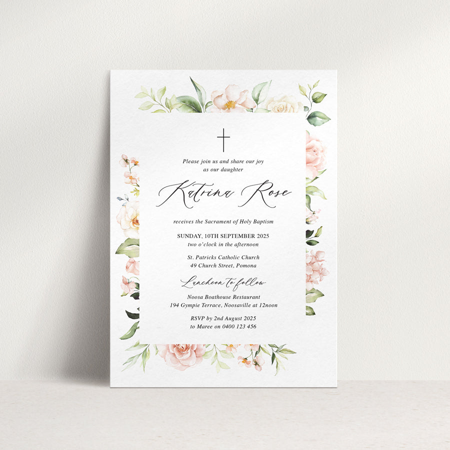 Beautiful girl Baptism or Christening invitation designed and printed in Australia. Flower design in dusty pink and green.