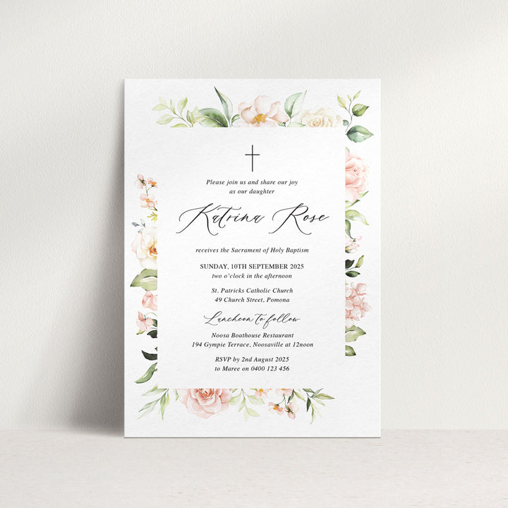 Beautiful girl Baptism or Christening invitation designed and printed in Australia. Flower design in dusty pink and green.
