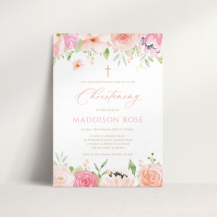 Girl Baptism or Christening invitation with pink and blush florals and gold cross and text. Designed and printed in Australia.