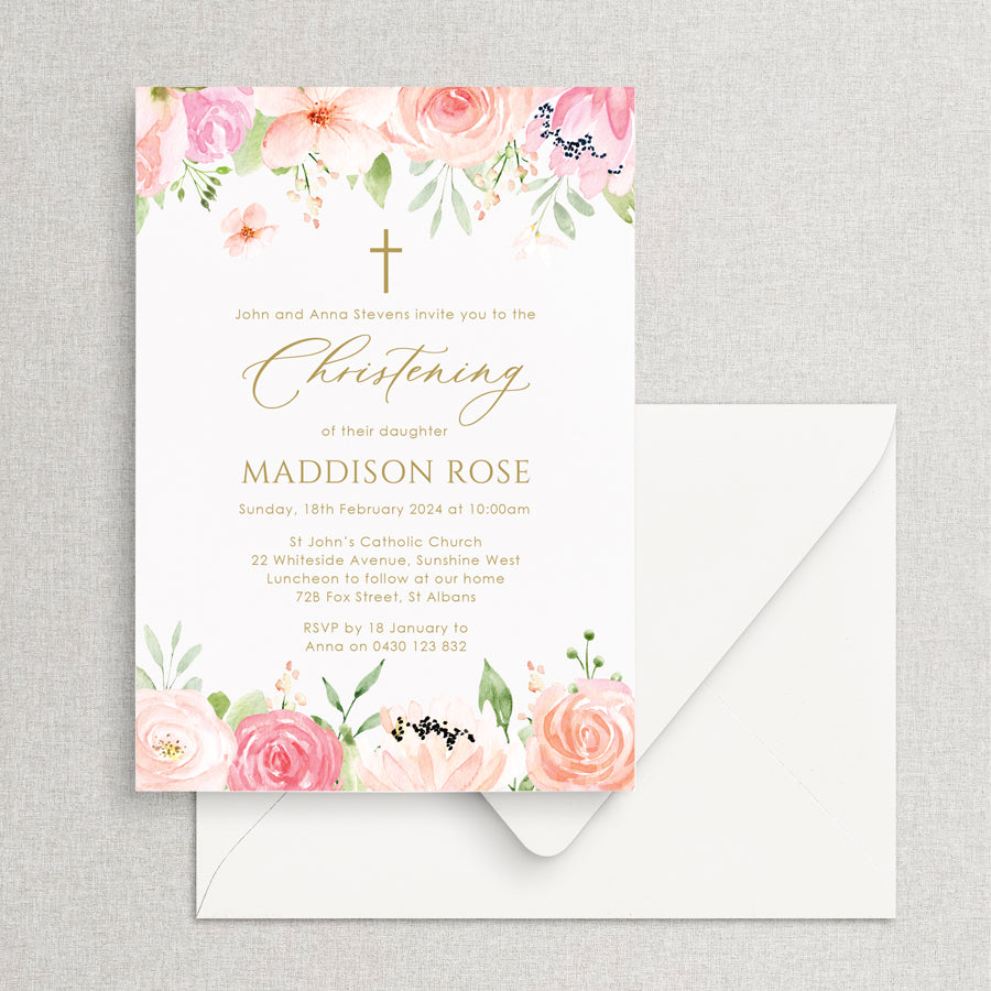 Girl Baptism or Christening invitation with pink and blush florals and gold cross and text. Pretty Christening invitation. Designed and printed in Australia.