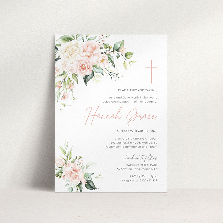 Girl Baptism or Christening invitation with blush pink watercolour flowers and cross. Peach Perfect Australia.