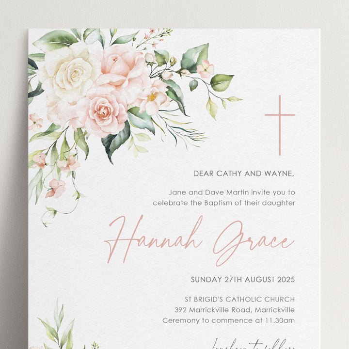 Girl Baptism or Christening invitation with blush pink watercolour flowers and cross. Peach Perfect Australia.