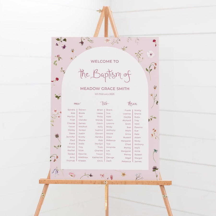 Wildflower pink baptism or christening signage seating chart for guest allocations
