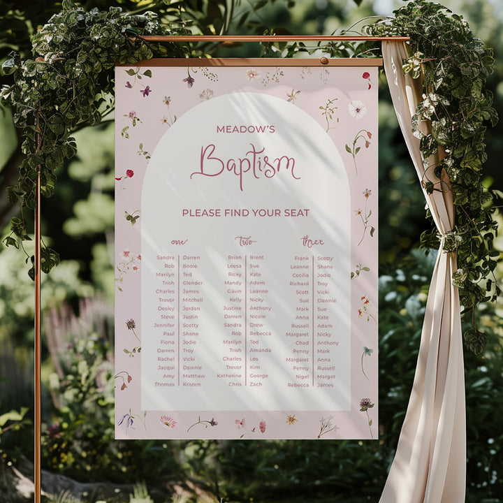 Wildflower pink baptism or christening signage seating chart for guest allocations
