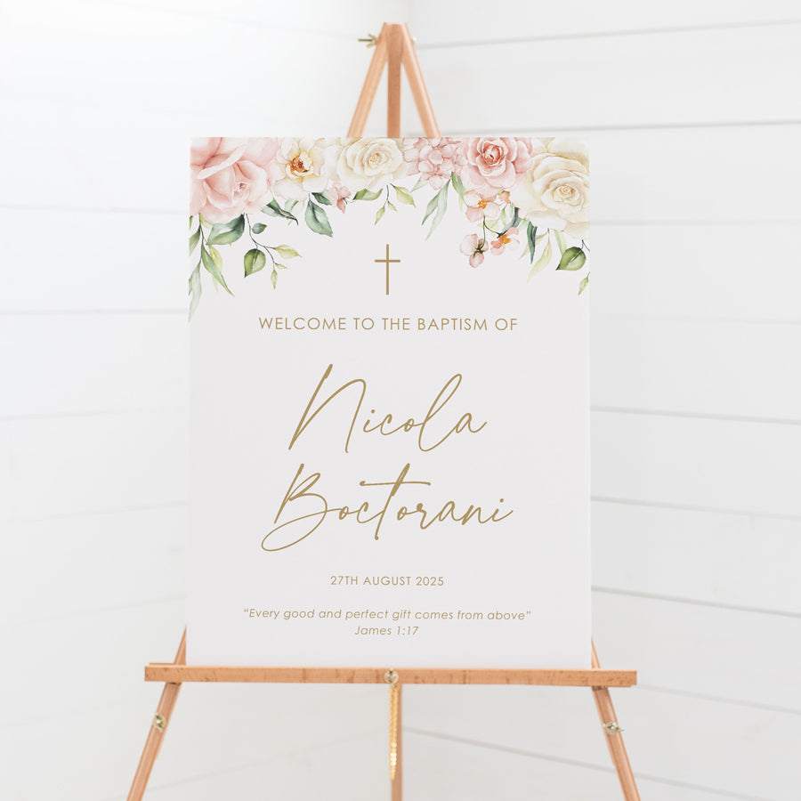 Girl Baptism or christening welcome sign board with pink florals and gold text. Peach Perfect Australia.