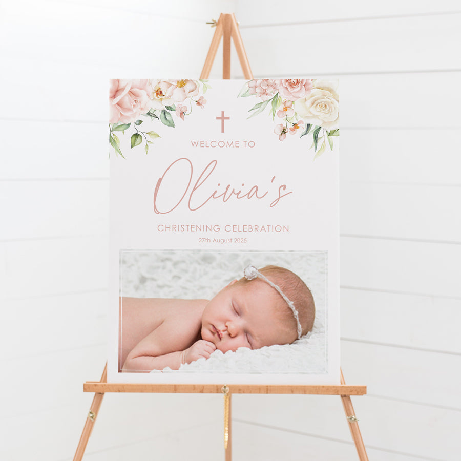 Beautiful Baptism or Christening photo welcome sign for girl with pink flowers and leaves