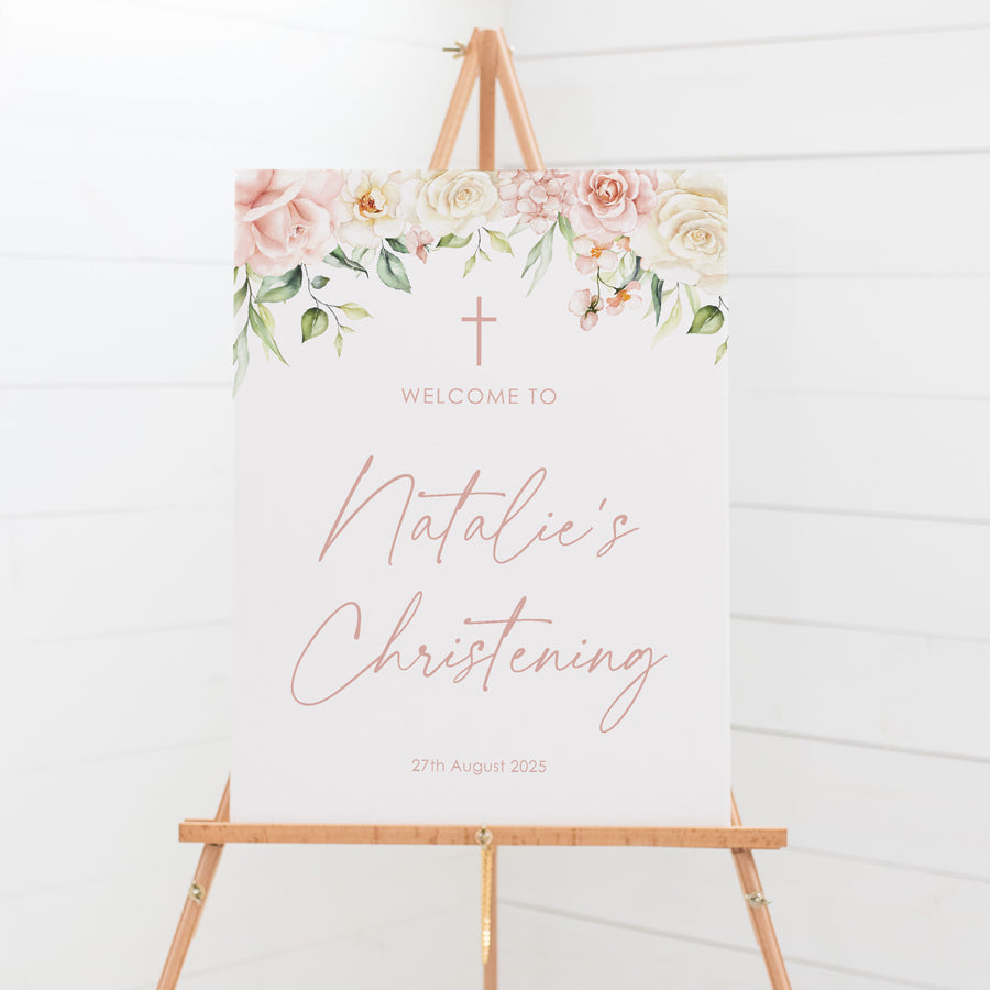 Girl Baptism or christening welcome sign board with pink florals and greenery, and calligraphy text. Peach Perfect Australia.