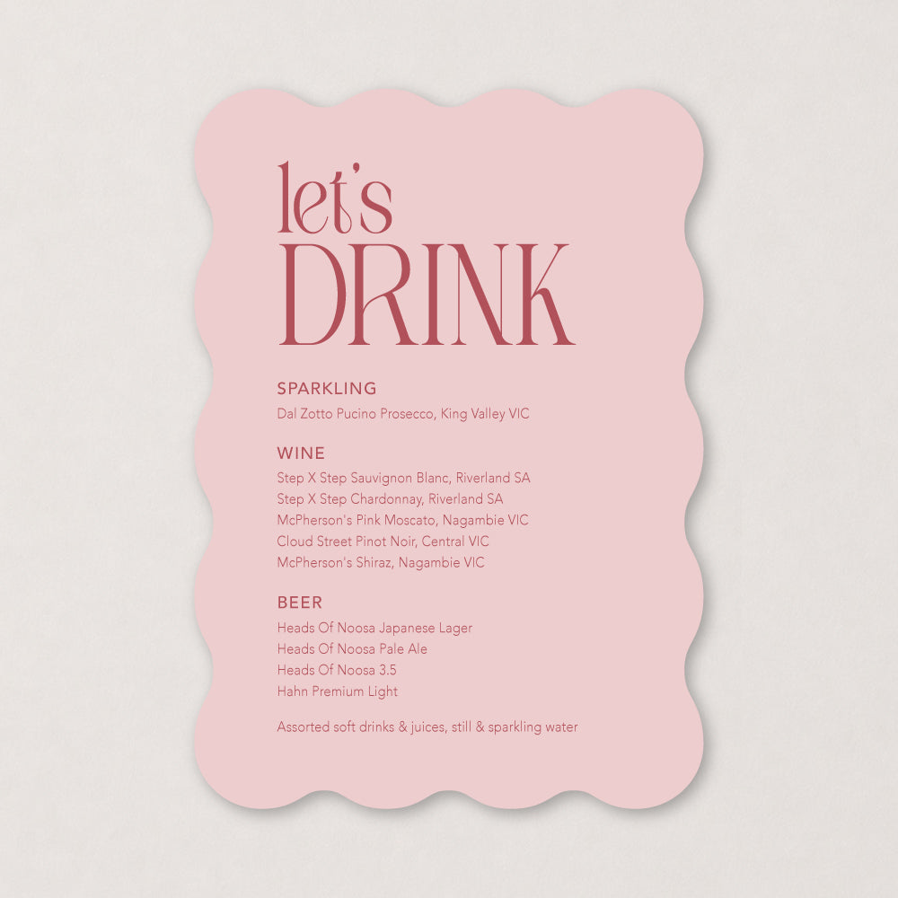 Modern stylish wedding bar sign in soft pink and wavy shape, designed and printed in Australia.