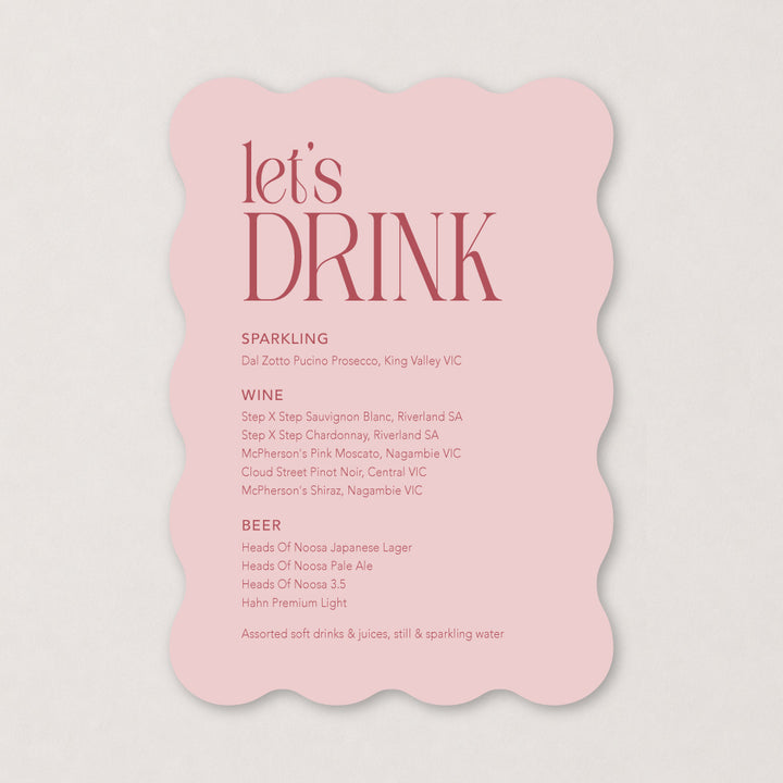 Modern stylish wedding bar sign in soft pink and wavy shape, designed and printed in Australia.