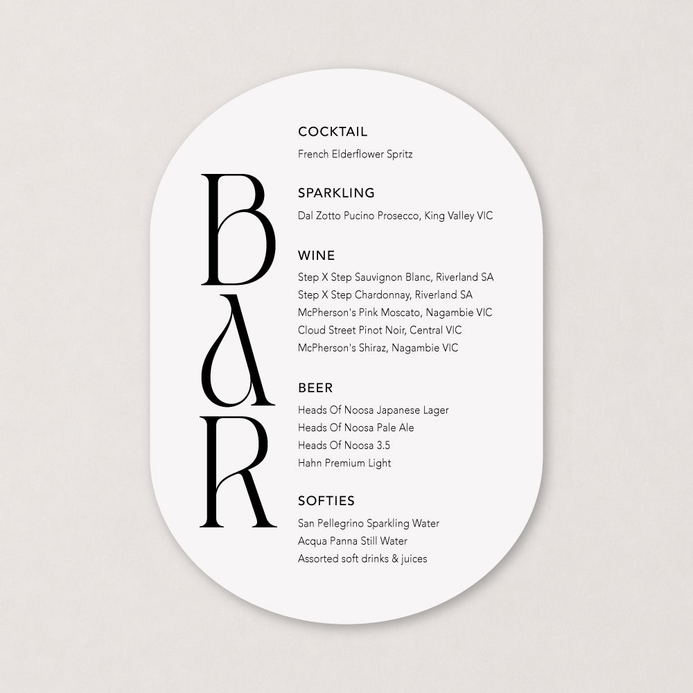 Modern stylish wedding bar sign in black and white double arch shape, designed and printed in Australia.