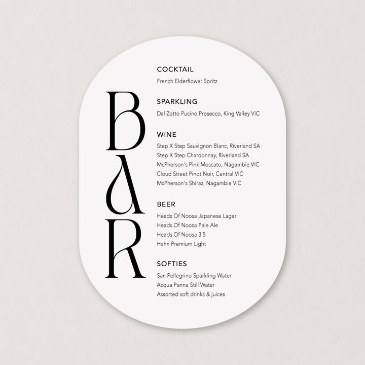 Modern stylish wedding bar sign in black and white double arch shape, designed and printed in Australia.