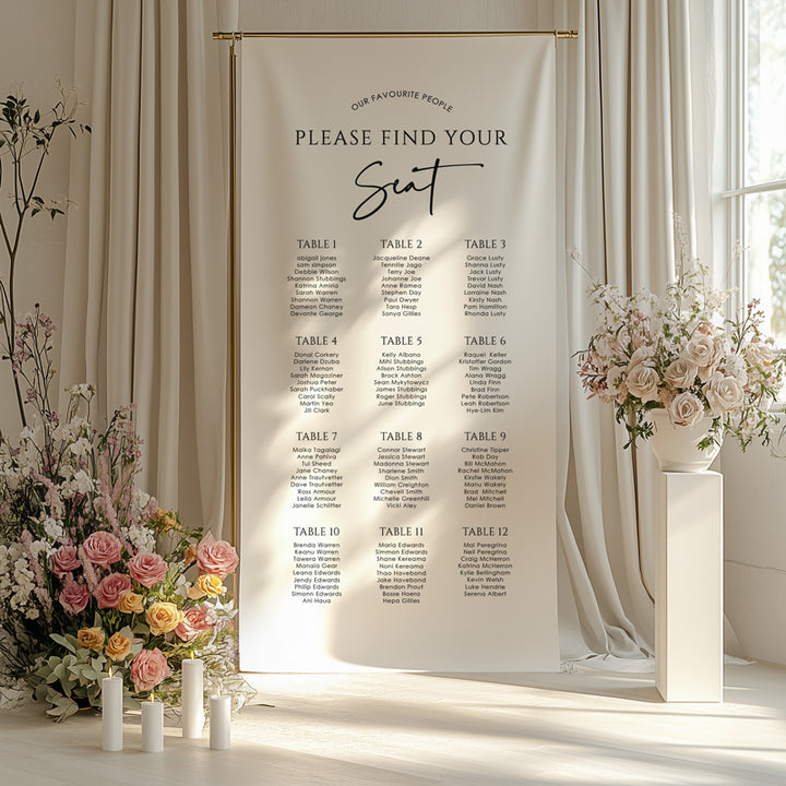 Modern wedding seating chart printed on linen fabric in black and white. Our favourite people. Printed in Australia.