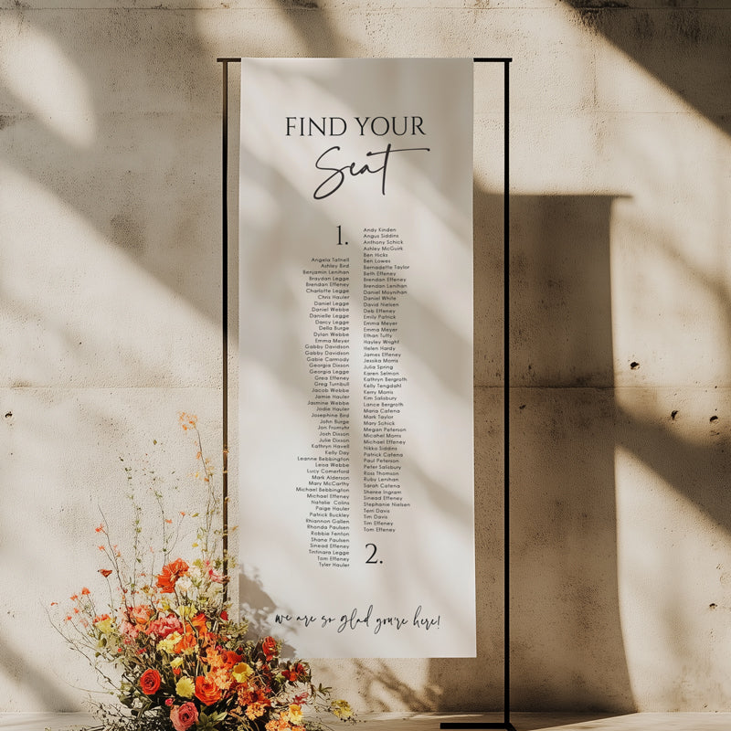 Modern wedding seating chart printed on linen fabric. Two tables with find your seat heading. Australia.