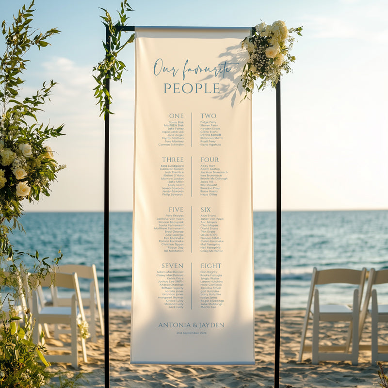 Modern wedding seating chart printed on linen fabric by the beach. Our favourite people heading and printed in Australia.