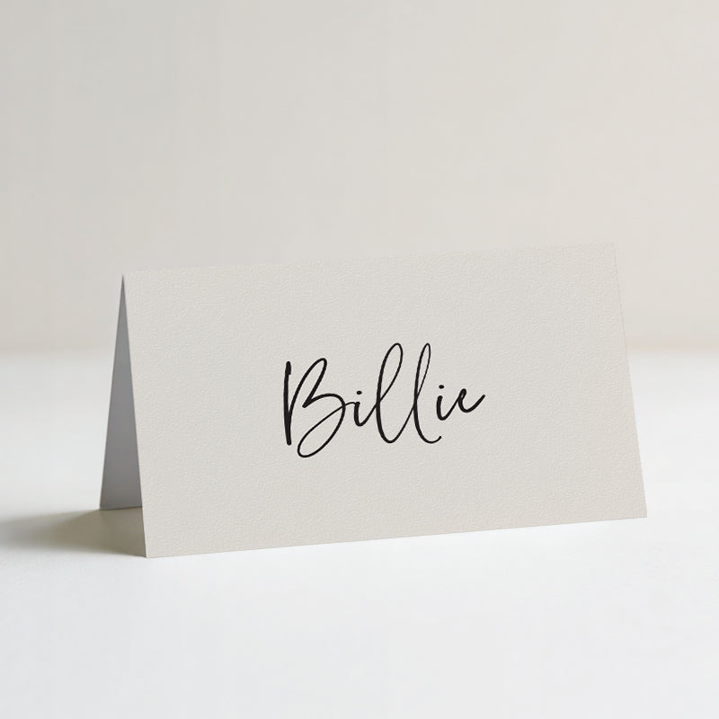 Fun Folded Wedding Place Card with black text on neutral almond coloured card