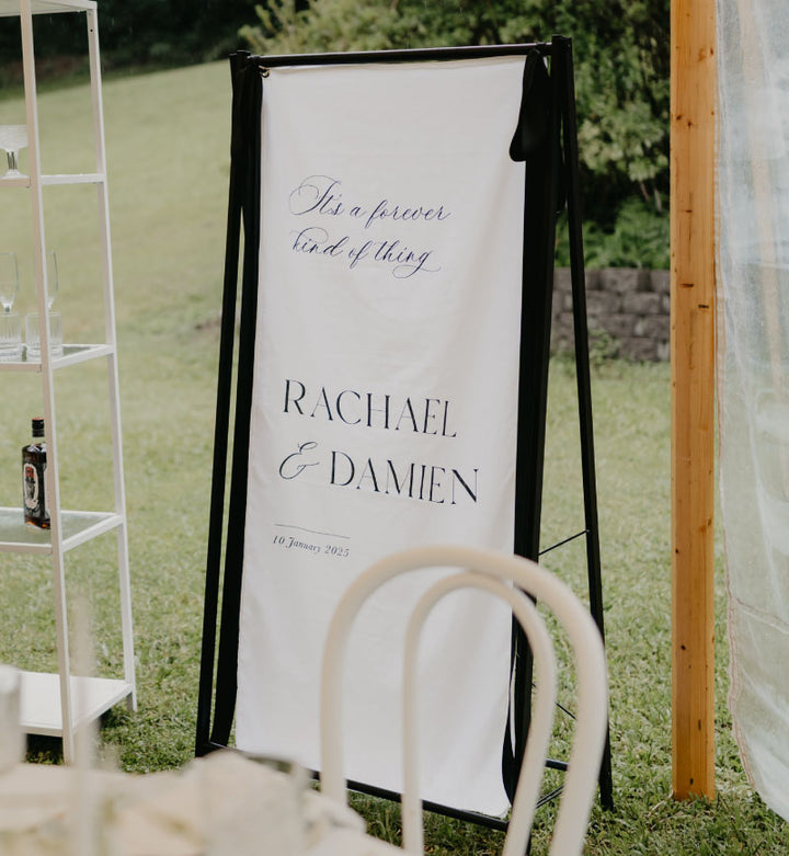 Black Wedding Sign Stand Hire for linen fabric signage Sunshine Coast and Brisbane