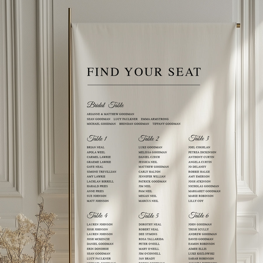 Modern wedding seating chart printed on premium linen fabric in Australia.
