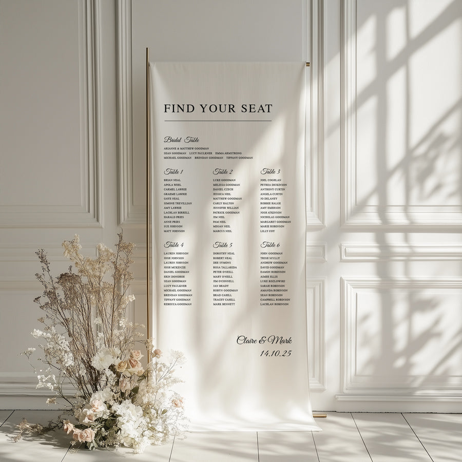 Modern wedding seating chart printed on premium linen fabric with find your seat heading.