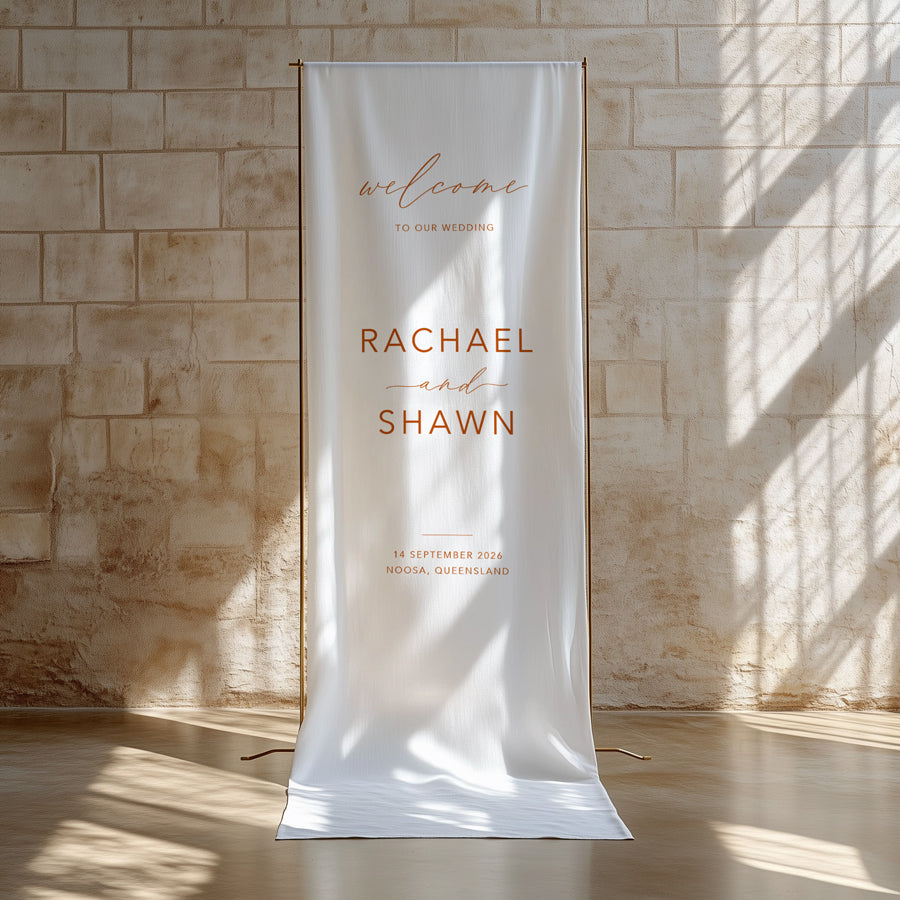 Beautiful wedding welcome sign printed in burnt orange and white on fabric or linen material. Statement sign.