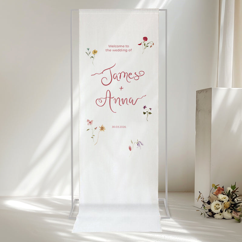 100% linen wedding welcome sign with wild flowers and hand written calligraphy font. Australia.