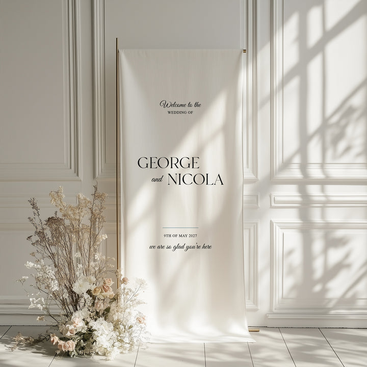 Linen or silk wedding welcome sign printed in Australia. Traditional calligraphy design in black and white.