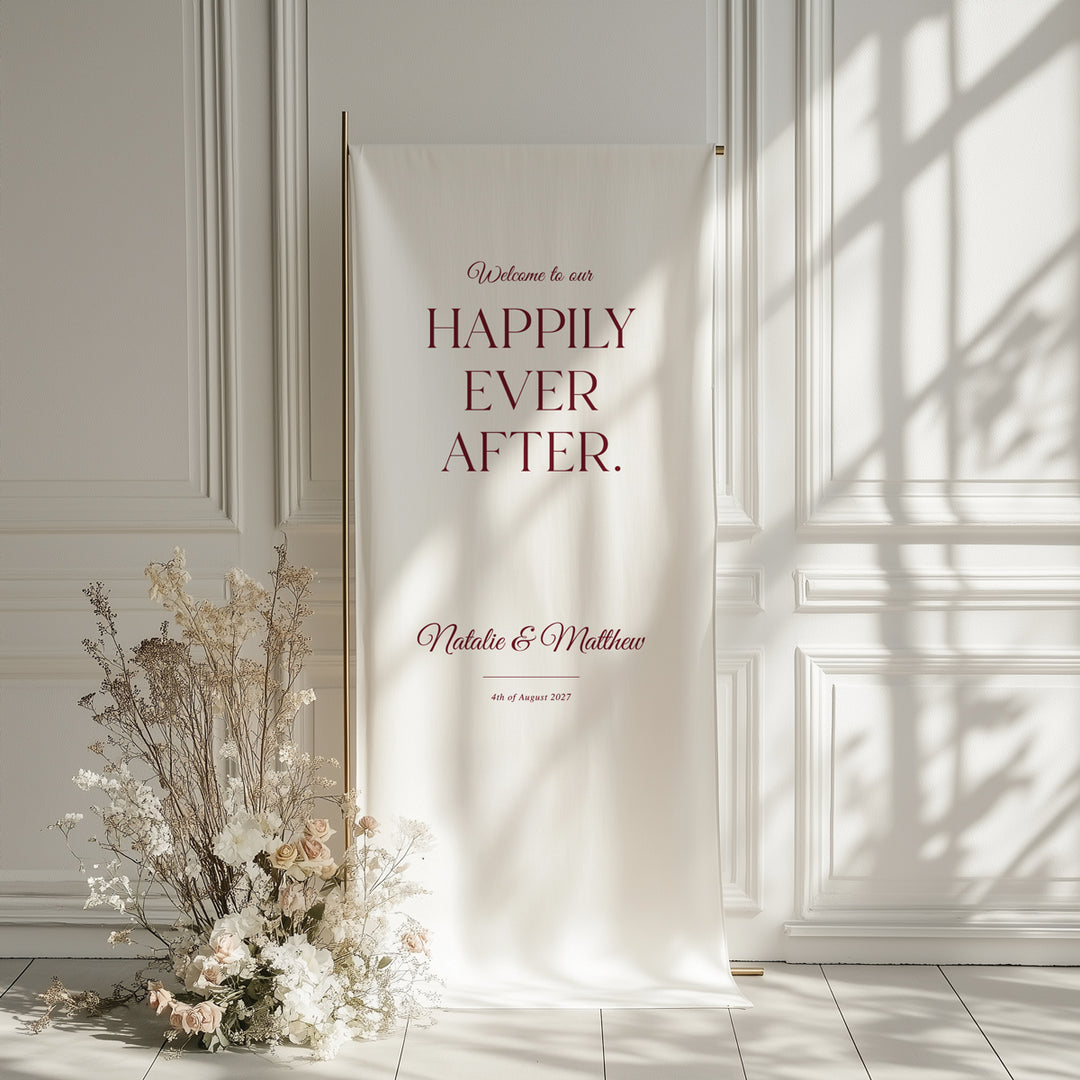 Linen or silk wedding welcome sign printed in Australia. Traditional calligraphy design in burgundy.