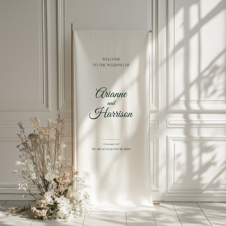 Modern fabric wedding welcome sign printed on premium material in emerald green colour Australia. Traditional calligraphy font.