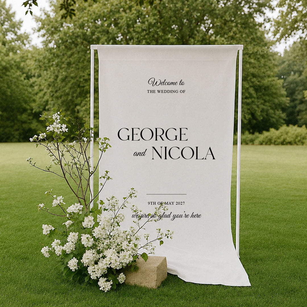 Modern fabric wedding welcome sign printed on premium material in Australia. Traditional calligraphy font.