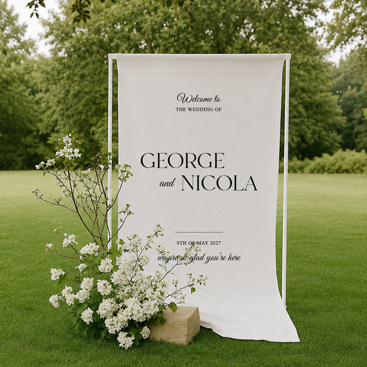 Modern fabric wedding welcome sign printed on premium material in Australia. Traditional calligraphy font.