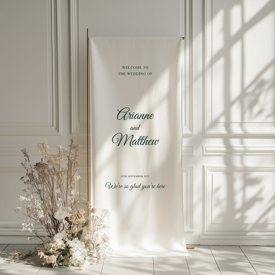Modern fabric wedding welcome sign printed on premium linen in Australia. Traditional calligraphy font.