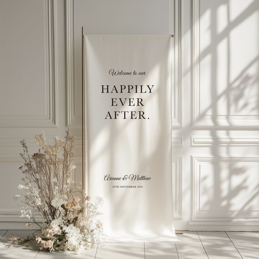 Modern fabric wedding welcome sign printed on premium linen in Australia. Welcome to our happily ever after.