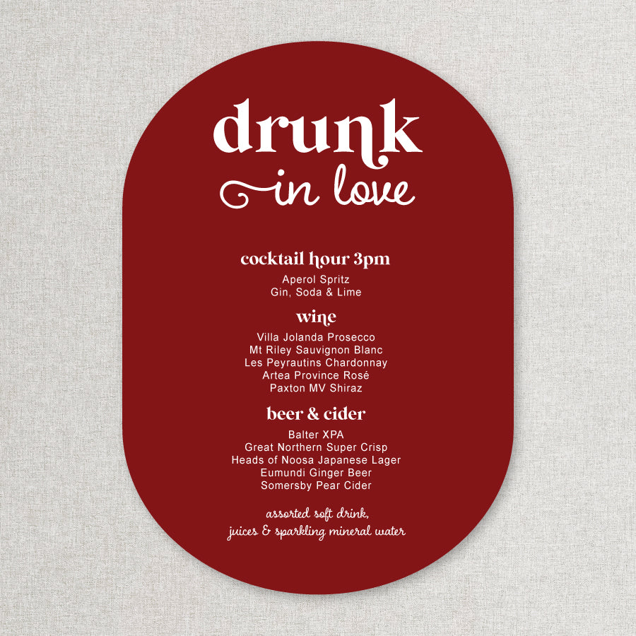Double arch shape wedding bar sign in modern retro style in cherry red printed in Australia on foamboard or acrylic