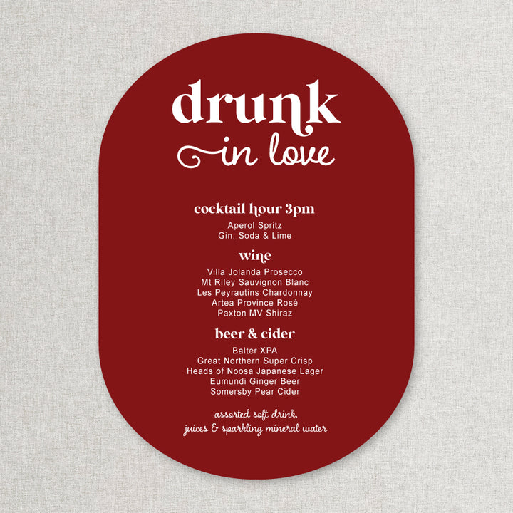 Double arch shape wedding bar sign in modern retro style in cherry red printed in Australia on foamboard or acrylic